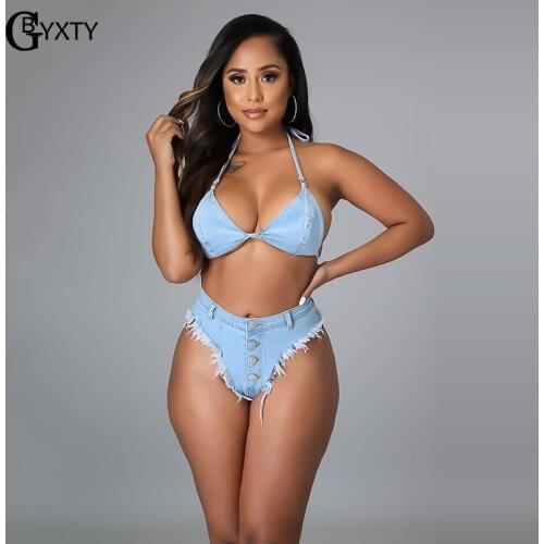 GBYXTY Sexy Women Summer Beach Denim Bathing Suit 2 Piece Jeans Shorts Set Backless Bra Top and Thong Shorts 2 Piece Set ZL1229