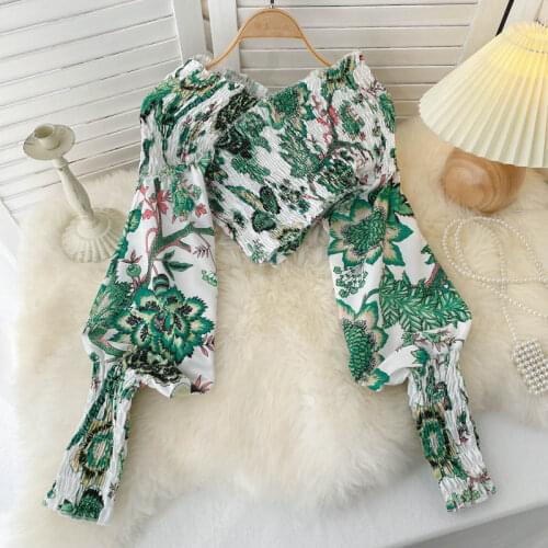 Ladies Floral Crop Top 2021 Autumn Womens Lantern Long Sleeve Vintage Fashion Print Short Shirt Sexy V-Neck Elasticity Blouses