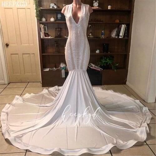 New Design Long Mermaid Evening Dress V Neck Sweep Train Lace African Wedding Party Dress Black Girl Graduation Prom Gowns
