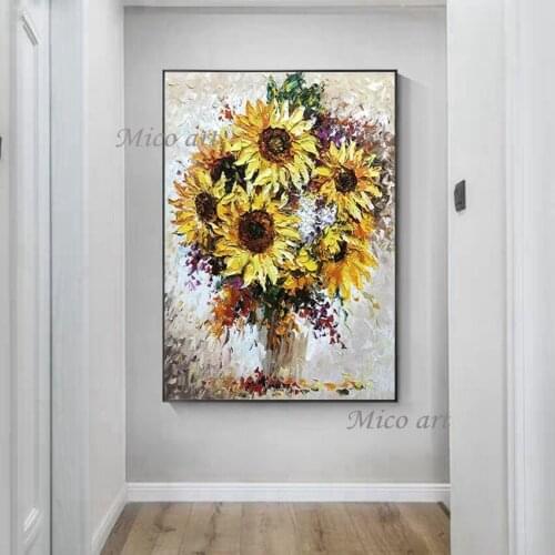 100% Hand Painted Sunflower Bottle Art Real Knife Oil Painting Wall Hangings Paintings Pictures Unframed Home Decoration Pieces