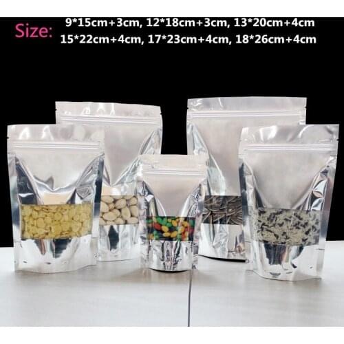 100pcs/lot-7sizes Stand Up Aluminized Pouch with Clear Window Zip Lock Seal Bags Food Powder Candy Party Gift Packaging Bag