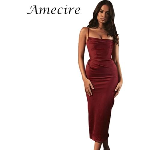 Amecire Dresses For Women 2020 Christmas Party Long Dress Sexy Spaghetti Strap Sleeveless Winter Vintage Wine Clothes Outfits