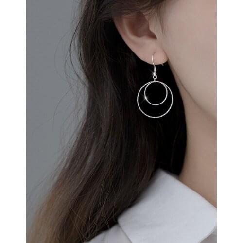 Authentic Real 100% 925 Sterling Silver fine Jewelry Big Double Lucky Circle Earrings Hook dangle C-G9359