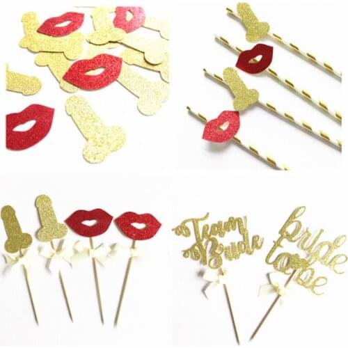 1 Set New Glitter Hen Party Team Bride Red Lip Penis Confettis Straw Cake Toppers for Bridal Shower Wedding Party Decorations