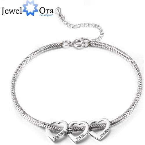 Personalized Stainless Steel Heart Beads Chain Bracelets for Women Custom Engraved Family Name Anklets Wedding Gifts