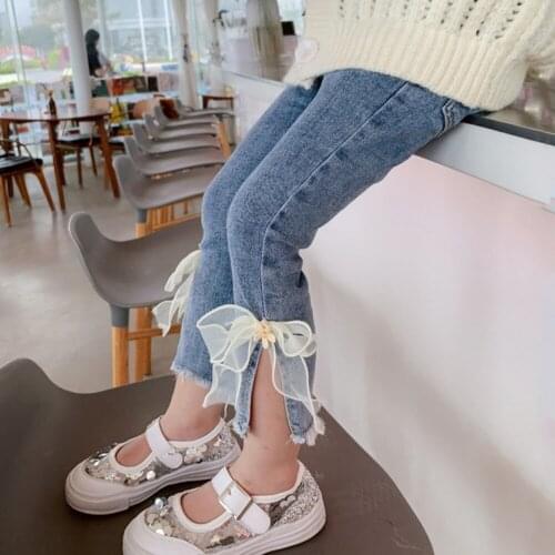 Bow Decoration Pants for Kids 2021 Spring Autumn Bottom Mid-Waist Split Denim Pants Skinny Trousers Girls Casual Jeans Pants