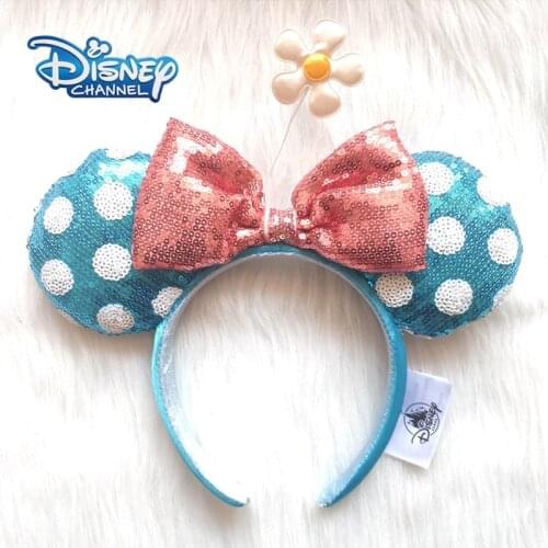 Disney Mickey Mouse Blue Flowers Headband Disneyland Minnie Sequins Ears Plush Headwear Boy Girl Beauty Toys Cosplay Party Gift