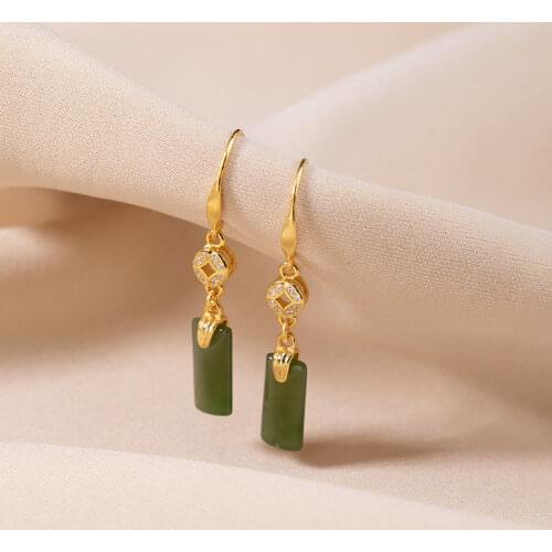 Designers unique creative coin inlaid geometric natural Hetian jade retro personality trend ladies silver jewelry