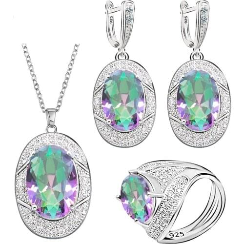 Geometric Rainbow Semi-precious Silver Color Jewelry Sets for Women Gift Earrings Necklace Pendant Ring