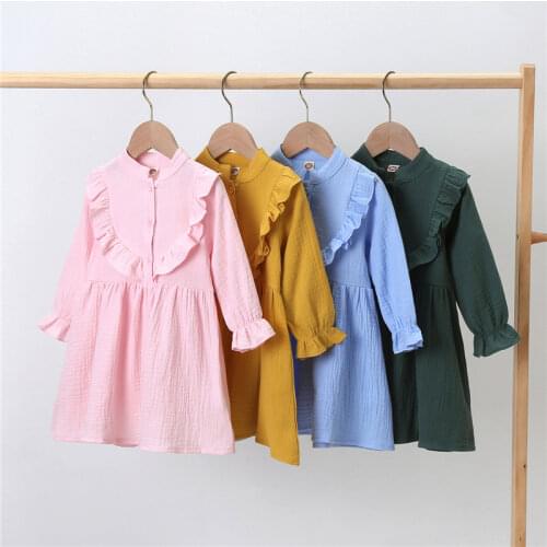 Toddler Kids Baby Girl Cotton Linen Party Casual Dress Long Sleeve Clothes Solid Sundress 1-6T Baby Spring Autumn Clothing