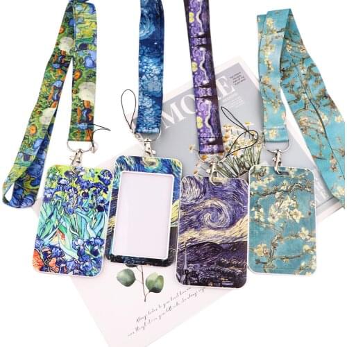 JY164 Wholesale Van Gogh Sunflower lanyard card ID Holder Car KeyChain ID Card Pass Gym Mobile Badge Key Ring Holder Jewelry