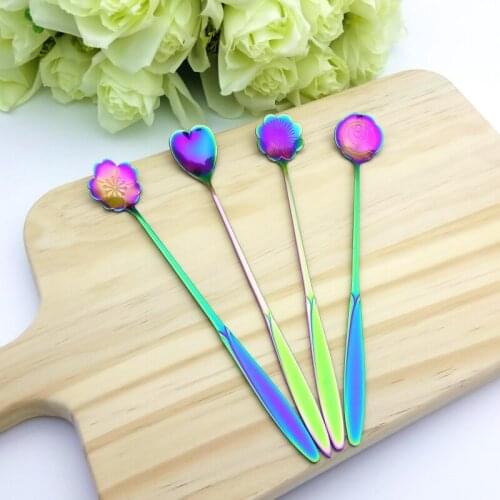 Stainless Steel Flower Long Handle Coffee Spoons Flower Shape Mixing Spoons Heart Ice-Cream Dessert Spoon Dinnerware 4pcs/Set