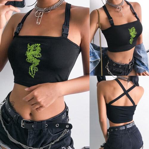 Fashion Women Sexy Hot Summer Buckle Vest Boob Tube Crop Top Bralet Sheer Dragon Embroidery Stylish Cami Tank Top