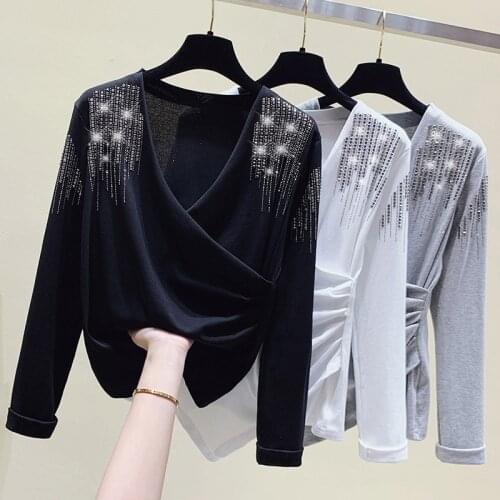 Fashionable and elegant V neck T shirt 2021 Fall Harajuku Slim fit Diamond Cross Patchwork Pullover Long Sleeve Pleated T-shirt