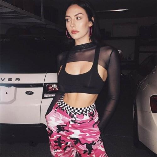 Hot Fashion Super Short Lace Women Hip Transparent Mesh Sheer Backless L-Sleeves T-shirt Sexy Crop Tops Bodycon Club Clothes