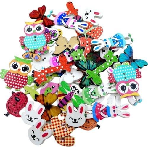 Pack of 50 Colorful Assorted Animals Wooden Decorative Buttons 2-holes Cardmaking Buttons for Sewing Crafts Doll DIY Supplies