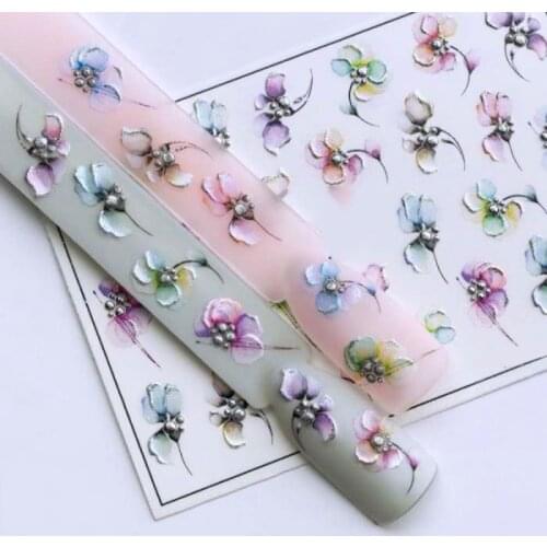 New 3D Acrylic Engraved Nail Sticker Embossed Green Purple Flower Water Decals Empaistic Nail Water Slide Decals Z0454