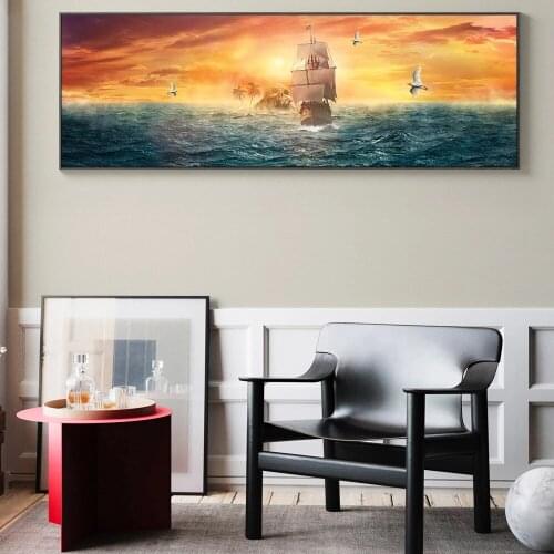 Sailing Ship On The Sea Canvas Paintings On the Wall Art Posters And Prints Sunset of Sea Canvas Pictures For Bed Room Cuadros