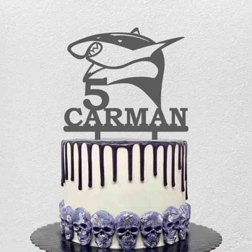 Personalized Shark Cake Topper Custom Name Age Shark Jumping Silhouette For Kids Birthday Party Cake Decoration Cartoon Topper