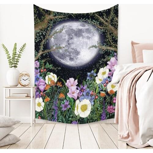 Plant Wildflowers Moon Tapestry Wall Hanging Landscape Scape The Wall Carpets Hippie Wall Tapestry Blanket Psychedelic Tapestry