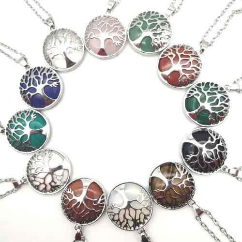 Multicolor Hollow Natural Stone Hanging Tree of Life Natural Stone Flat Beads Handmade Necklace Charm Jewelry