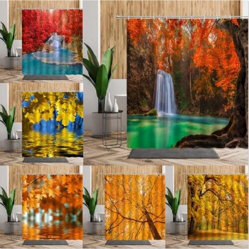 Forest Maple Tree Shower Curtain Waterfall Jungle Autumn Nature Orange Leaves Bathroom Decor Bath Curtains Home Decoration Cheap
