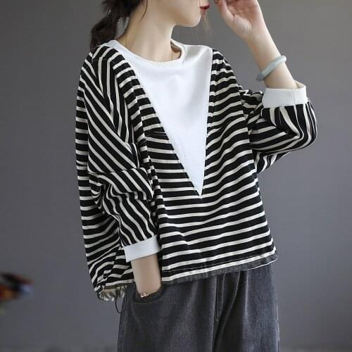 2021 Autumn Striped T-shirt Women Retro Loose Tops Ladies O-Neck Long-sleeved Patchwork Casual Tees Shirt All-Match Clothing New