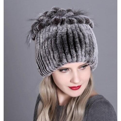 Real Rex Rabbit Wool Knitted Womens Fur Hat Warm Thickened Autumn And Winter Warm Womens Colorful Knitted Cap