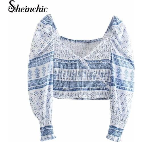 Runway Designers Long Sleeve Tops Women 2021 Spring Summer Vintage Elegant Draped V-neck Blue Floral Blouses Et Chemises