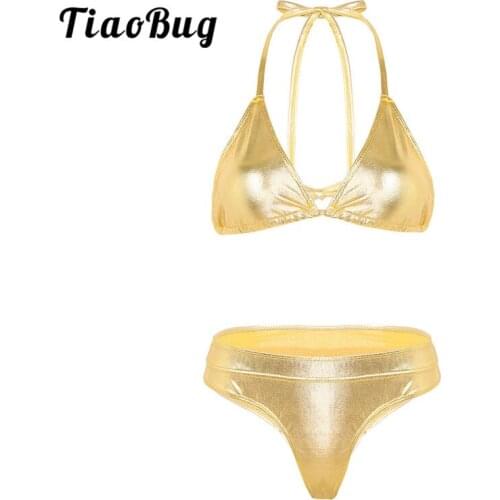 Women Shiny Metallic Swimsuits Triangle Sexy Bikini Set Halter Bra Tops with Mid-rise Thong Briefs Beach Swimwear Bathing Suit