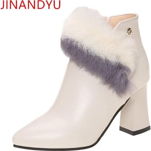Beige Black Ankle Boots for Women High Heel 5/7cm Fashion Pointed Toe Shoes Women Leather Boots Furry Shoes Sexy Heels Boots