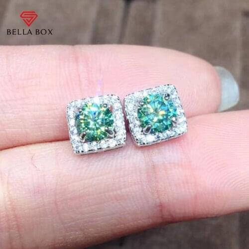 Bella Box Green Moissanite Stud Earrings For Women 925 Sterling Silver 6.5mm Zircon Female Wedding Engagement Party Jewelry Gift