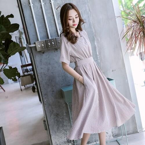 Fashion Womens Summer New Waist Thin Vintage Retro Long Slim High Waist Backless Plaid Dress TB18119