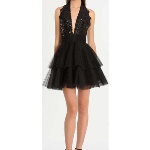 2021 Mini Black Halter V Neck Sequin Lace Plus Size Tiered Homecoming Dress Open Back Short Tulle Graduation Juniors Dress Gowns