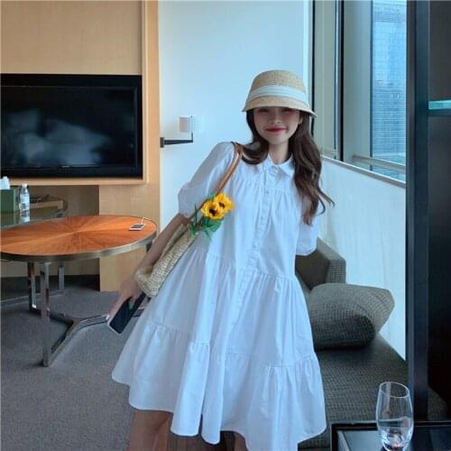 2021 Summer New Loose White Dress Female College Style Dress Korean Loose Polo Collar Shirt Doll Skirt Woman Dress