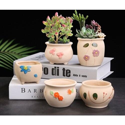 4-Piece Biscuits Painted Ceramic Flower Pot Home Gardening Green Plants Succulent Flower Pot
