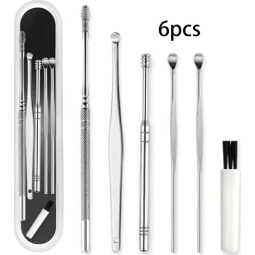 6Pcs/Set Stainless Steel Ear Wax Removal Tool Cleaner Kit Spiral Earwax Curette Pick Spoons Cleaning Brush with
