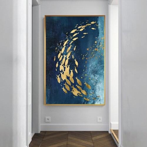 Abstract Gold Fish Modern Canvas Painting Big Blue Poster Print Luxurious Wall Art for Living Room Aisle Gold Tableaux Picture