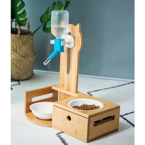 Solid Wood pet Automatic water dispenser Adjustable height Cat Drinking Bottle dog cat Feeder Pet dining table with Bowls CW115