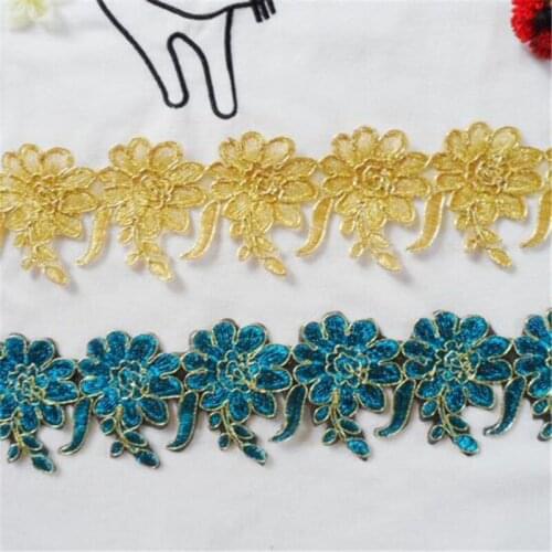 Free-shipping Iron on 4Yards Gold Blue Royal Fabric Pretty Flower Venise Lace Trim Applique Sewing Craft 6.5cm LJ0045