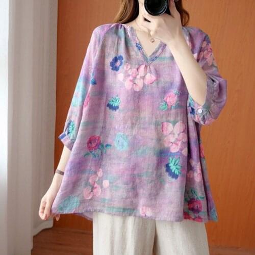 Oversized Women Cotton Linen Casual Blouses New 2021 Summer Vintage Style V-neck Floral Print Loose Female Tops Shirts S3136