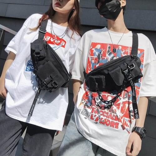 Black Crossbody Bag Unisex Canvas Chest Bag Solid Color Waist Pack Chain Men Phone pouch Large Capacity Travel Messenger Bags