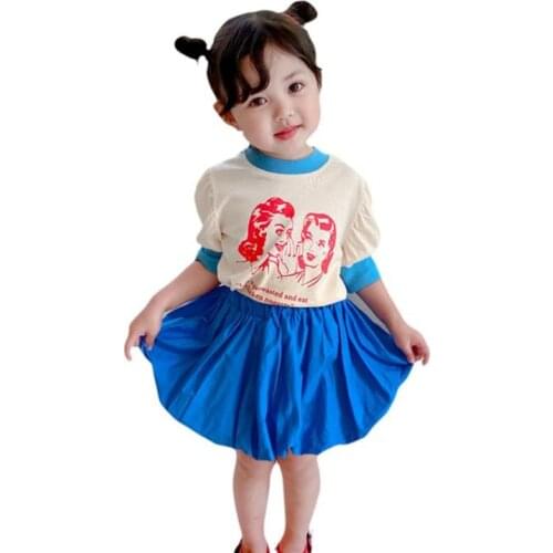 DFXD Toddler Summer Girls Sets Cotton Puff Sleeve Print T-shirt+Skirt Two Piece Outfit Korean Style Children Clothing Sets 1-7T