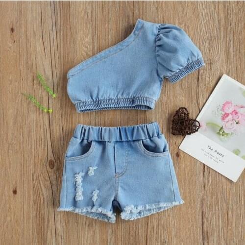 Girl Kids Denim Clothes Set Kid Children Single Shoulder Jeans Crop Tops Shorts With Pockets Childrens Sets 2pcs