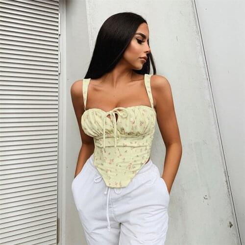 Hirigin Summer Sleeveless Ruched Boning Bustier Casual Tank Top Floral Cami Top Women Sweet Print Hollow Up Tie Up Sexy Crop Top