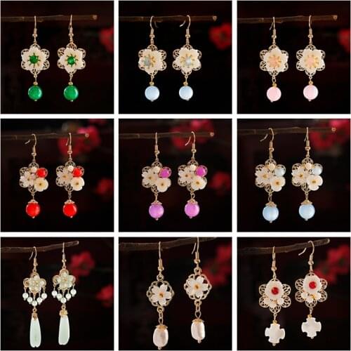 Chinese Traditional Earrings For Women Girl Hanfu Ethnic Dangle Earring Aesthetic Flower Shell Pendant Ear Rings Fashion Gifts