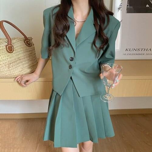 Korean Style Two Piece Set Women Skirt Short Sleeve Crop Blazer and High Waist Mini Pleated Skirt Suits 2 Piece Outfits Summer