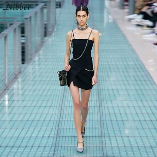Nibber Gothic Punk Metal chain design Bodycon Mini Dress2019autumn Harajuku street casual short dress stretch Simple dress Mujer