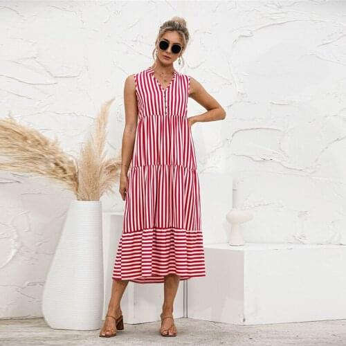Summer Sexy V-Neck Sleeveless Dress Womens Fashion Casual Striped Patchwork Big Swing Midi Dresses Holiday Femme Robes Vestidos