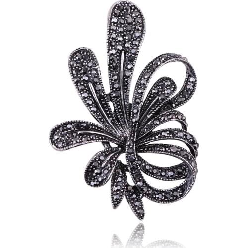 Hot New Exquisite Fashion Gun Black Rhinestone Flower Brooch Vintage Crystal Brooches For Women Fine Jewelry Leaf Plant Brooches